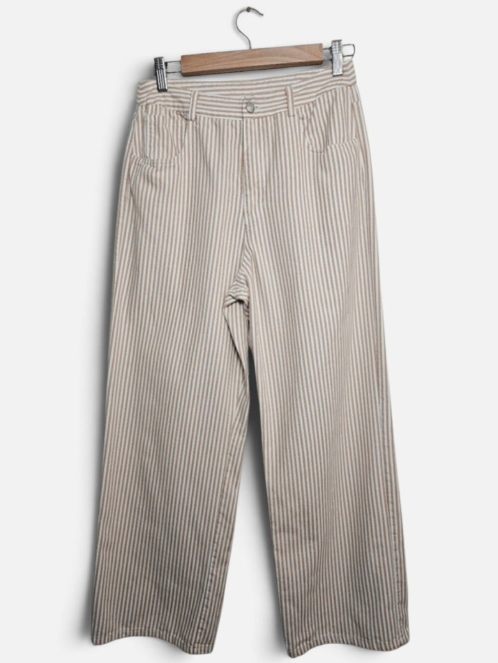 Lulu's Striped Wide Leg Pants Tan Cream Pinstripe High Rise Trouser Size Medium